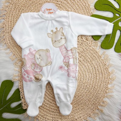 Macacão em Soft Girafinha e Ursinha - Off White e Rosa